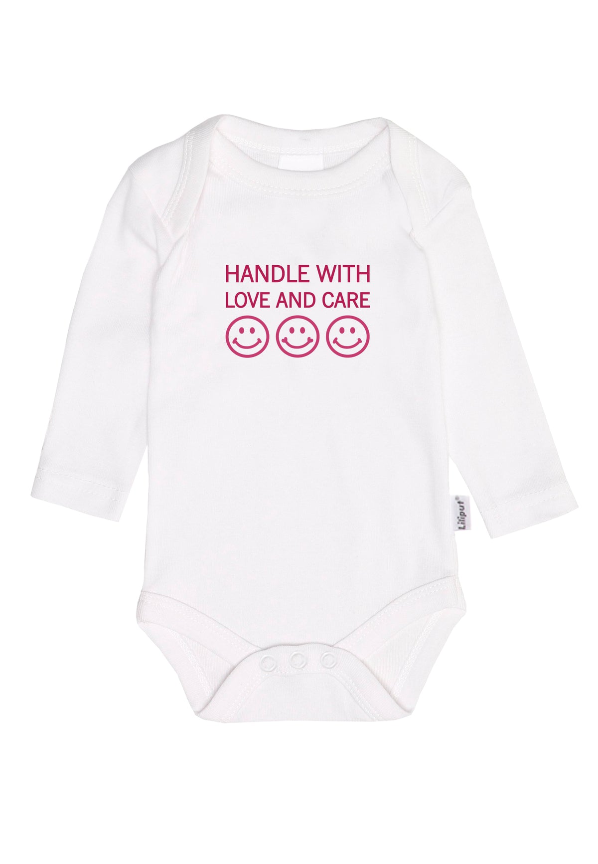 Weißer Amineckbody mit Aufdruck "handle with love and care" und 3 Smileys.