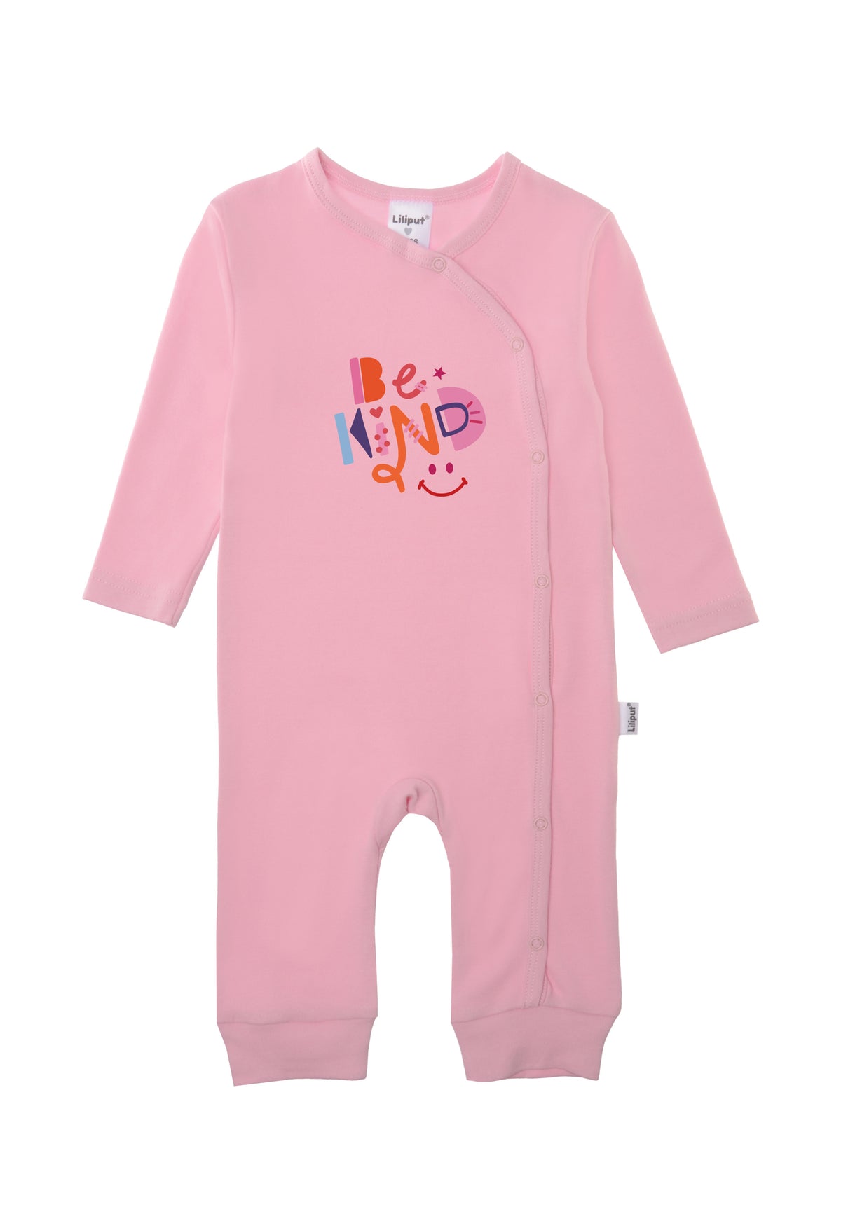 rosa Overall mit buntem Print "be kind".