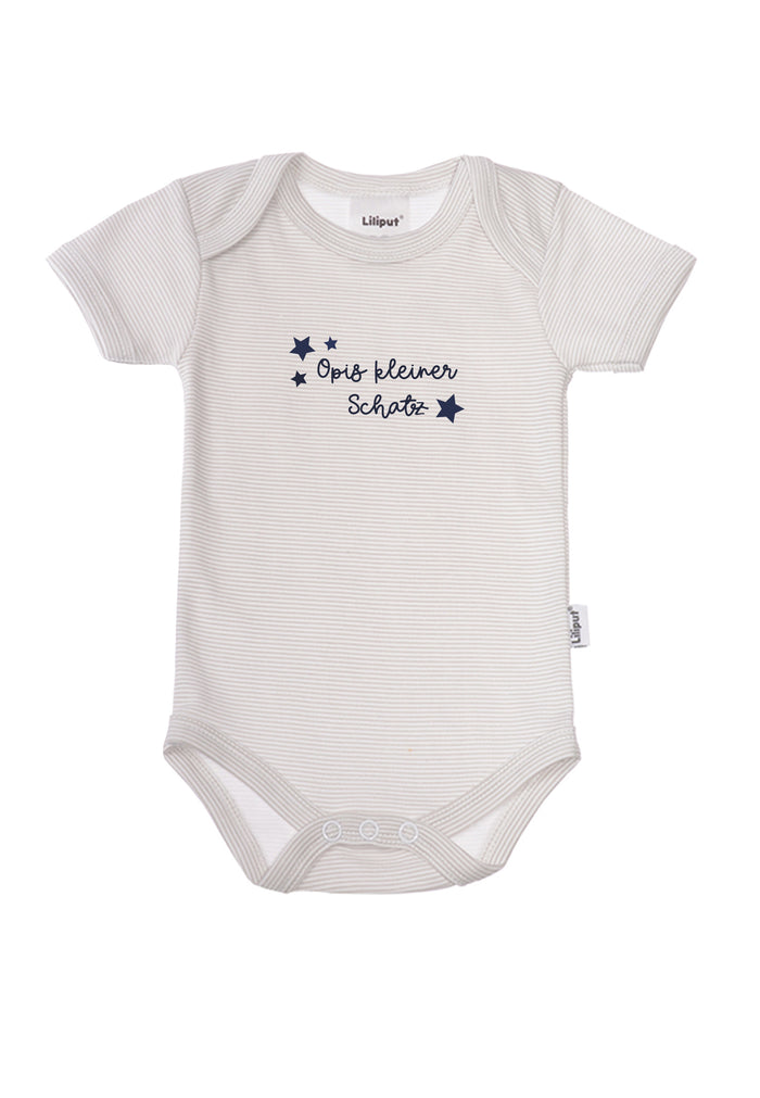 Kurzarmbody in grau gestreift mit Frontprint "Opis kleiner Schatz".