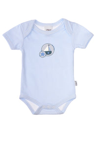 Blau gestreifter Amineckbody mit kurzem Arm und Boot Patchprint.