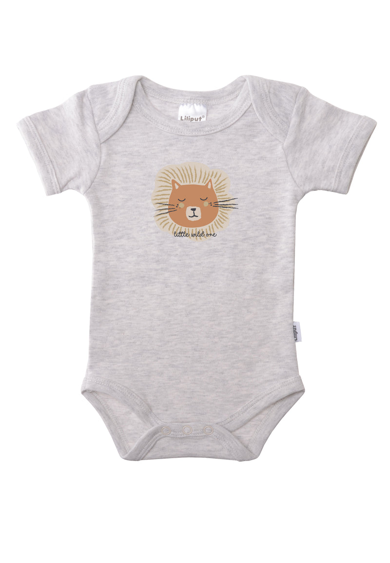 Kurzarmbody in grau melange mit Löwenprint