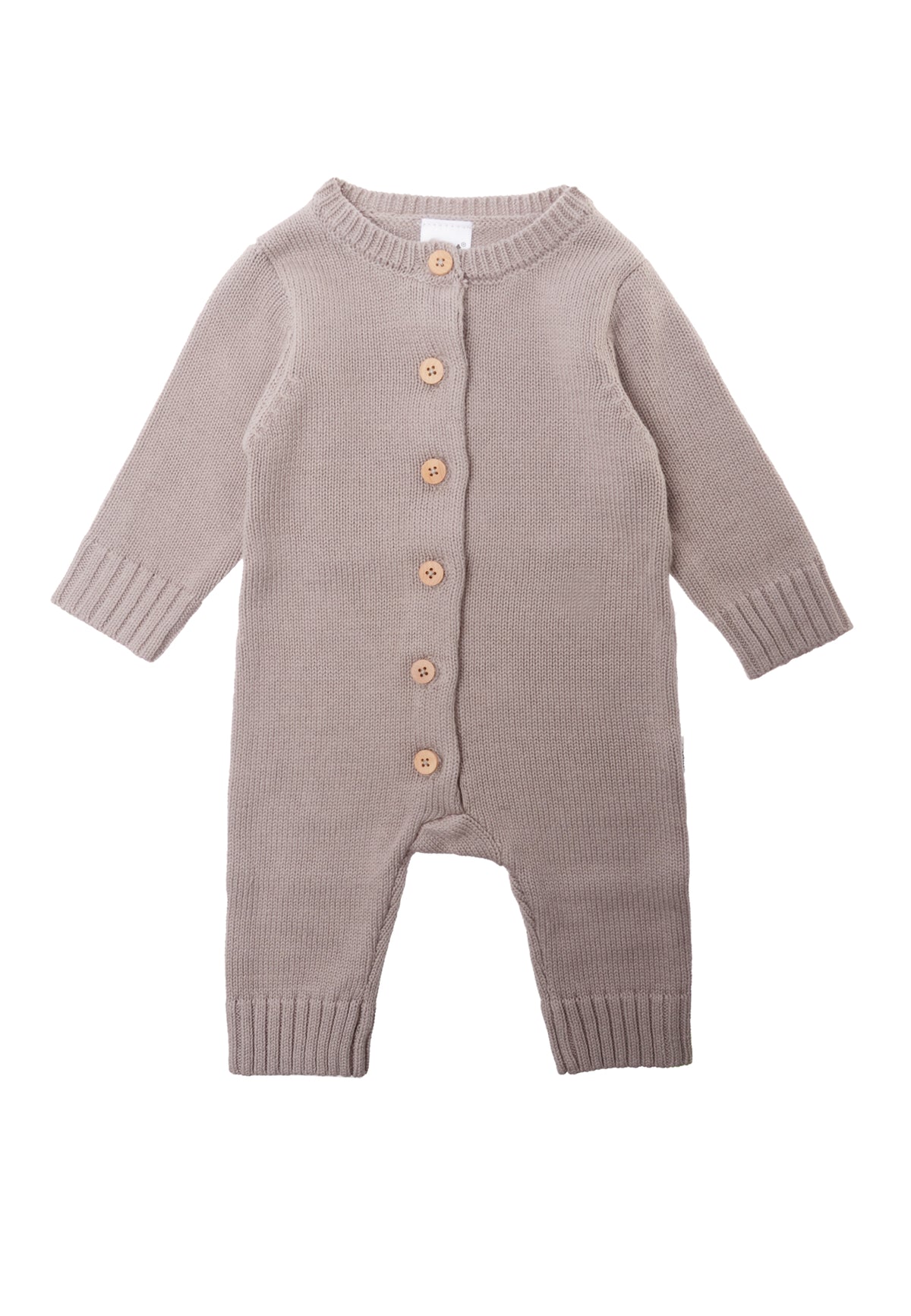 Strickoverall in taupe mit langen Arm und feinem Strickbild.