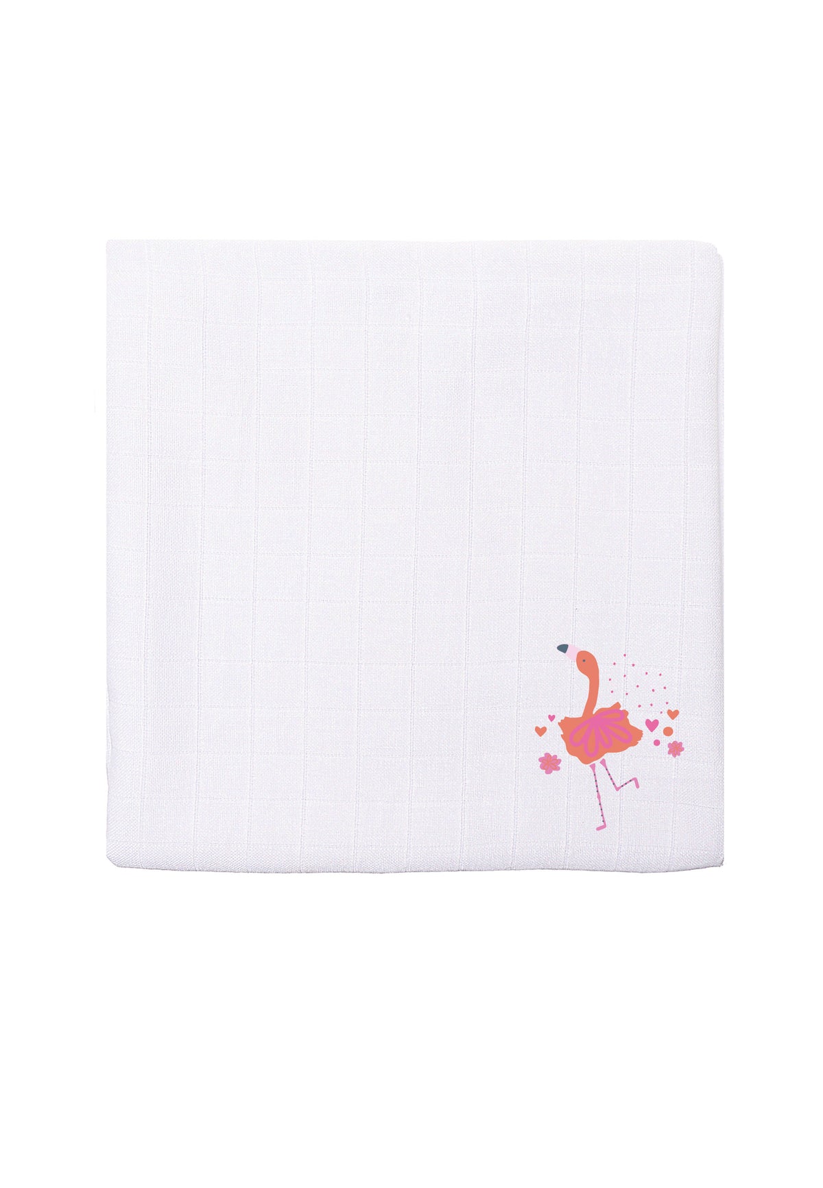 weißes Premium Musselintuch und buntem Flamingo Print.