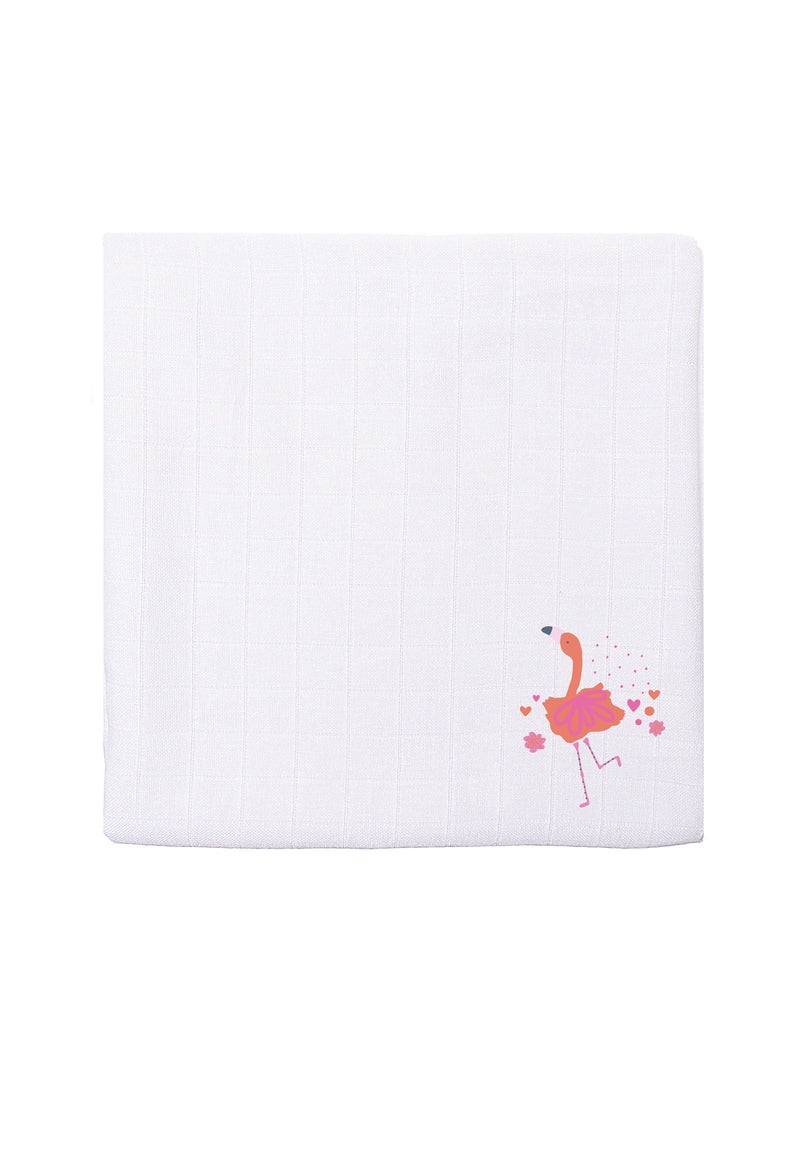 weißes Premium Musselintuch und buntem Flamingo Print.