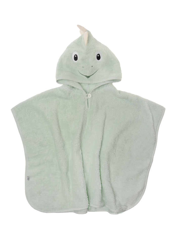 Bdeponcho Dino in schönem schilfgrün mit 3 süßen Zacken aufm Kopf.