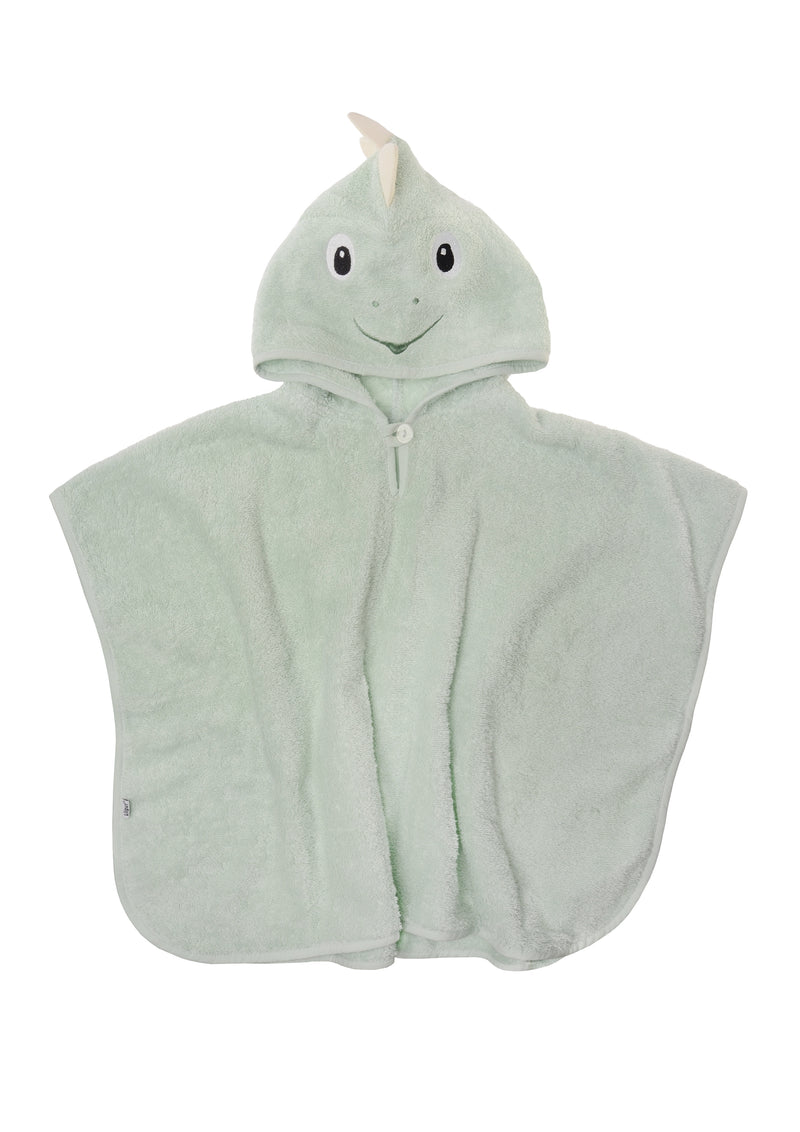 Bdeponcho Dino in schönem schilfgrün mit 3 süßen Zacken aufm Kopf.