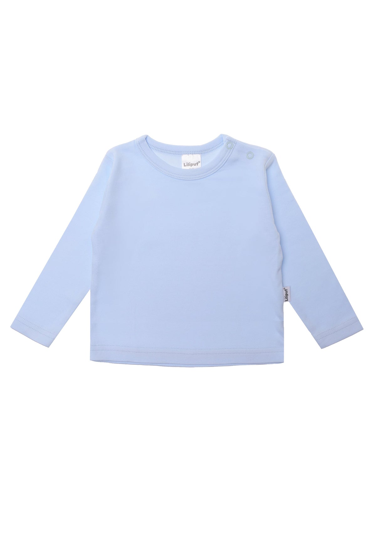 Langarmshirt in hellblau mit 2 Druckknöpfen auf der Schulter.