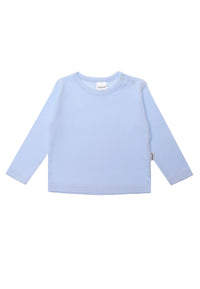 Langarmshirt in hellblau mit 2 Druckknöpfen auf der Schulter.