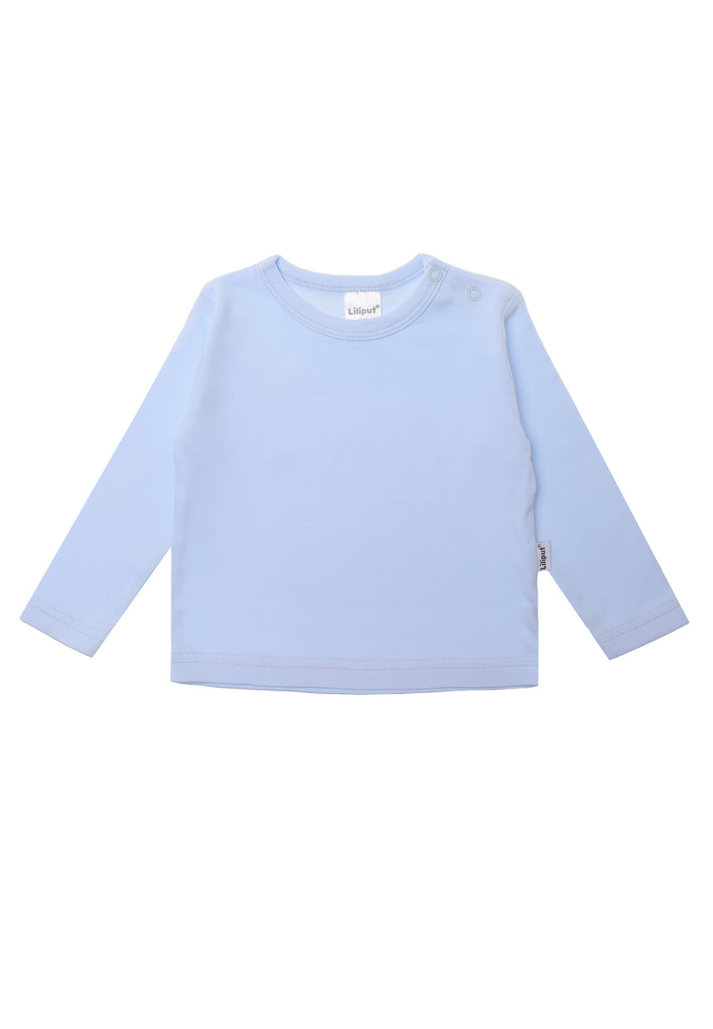 Langarmshirt in hellblau mit 2 Druckknöpfen auf der Schulter.
