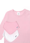 Detailansicht Langarmshirt in rosa mit passenden Halstüchern in rosa und weiß.