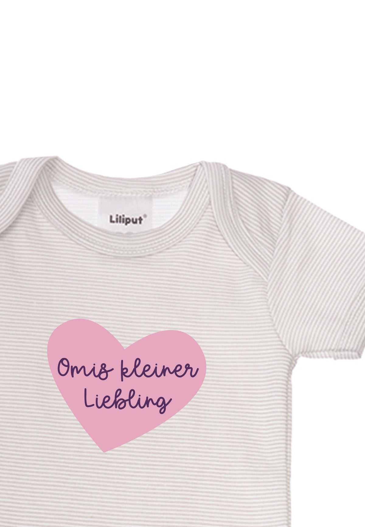 Detailaufnahme des grau gestreiften Amineckbodies und Aufdruck "Omis kleiner Liebling".