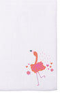 Detailaufnahme des weißen Musselintuchs mit Flamingo Print.