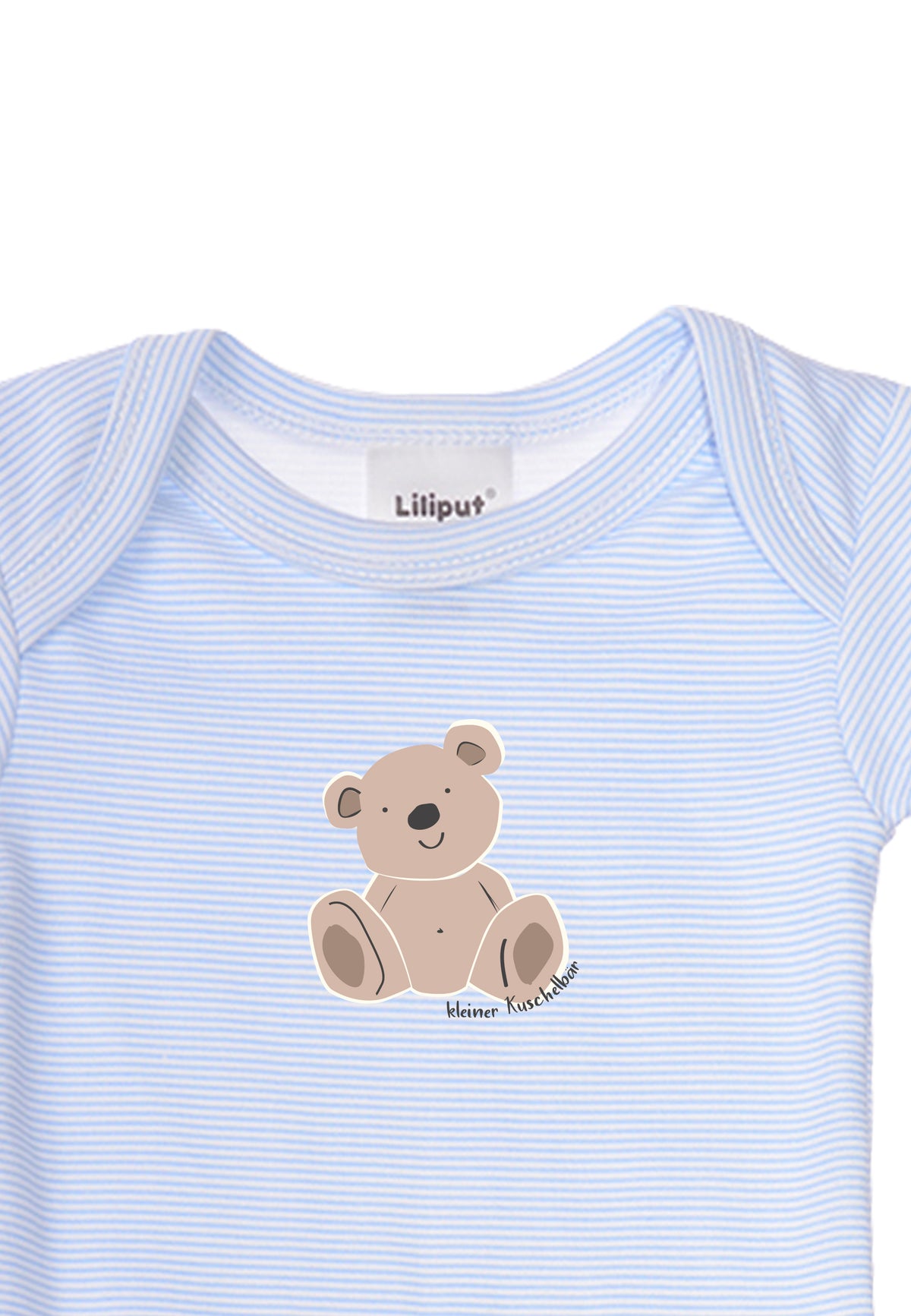 Ausschnitt Amineckbody mit hellblauen Streifen und süßem Teddy Aufdruck.
