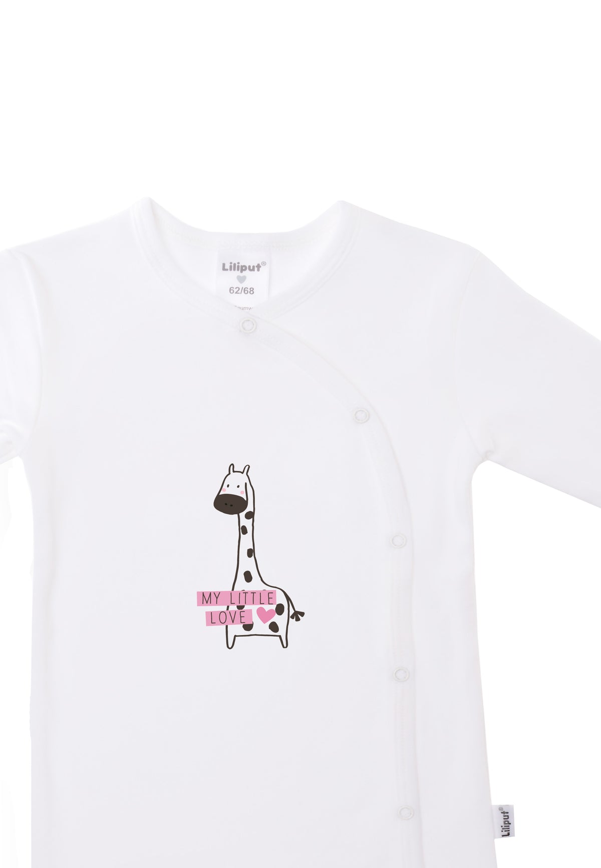 Detailaufnahme des weißen Prints mit Giraffen Motiv.