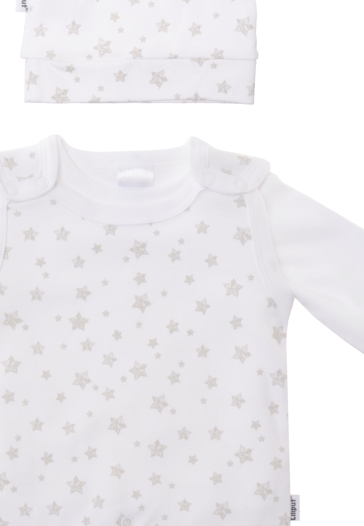 Detailaufnahme 3-teilges Set bestehend aus Strampler, Langarmshirt und Mütze