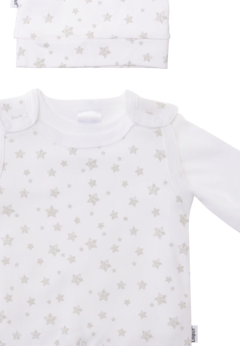 Detailaufnahme 3-teilges Set bestehend aus Strampler, Langarmshirt und Mütze