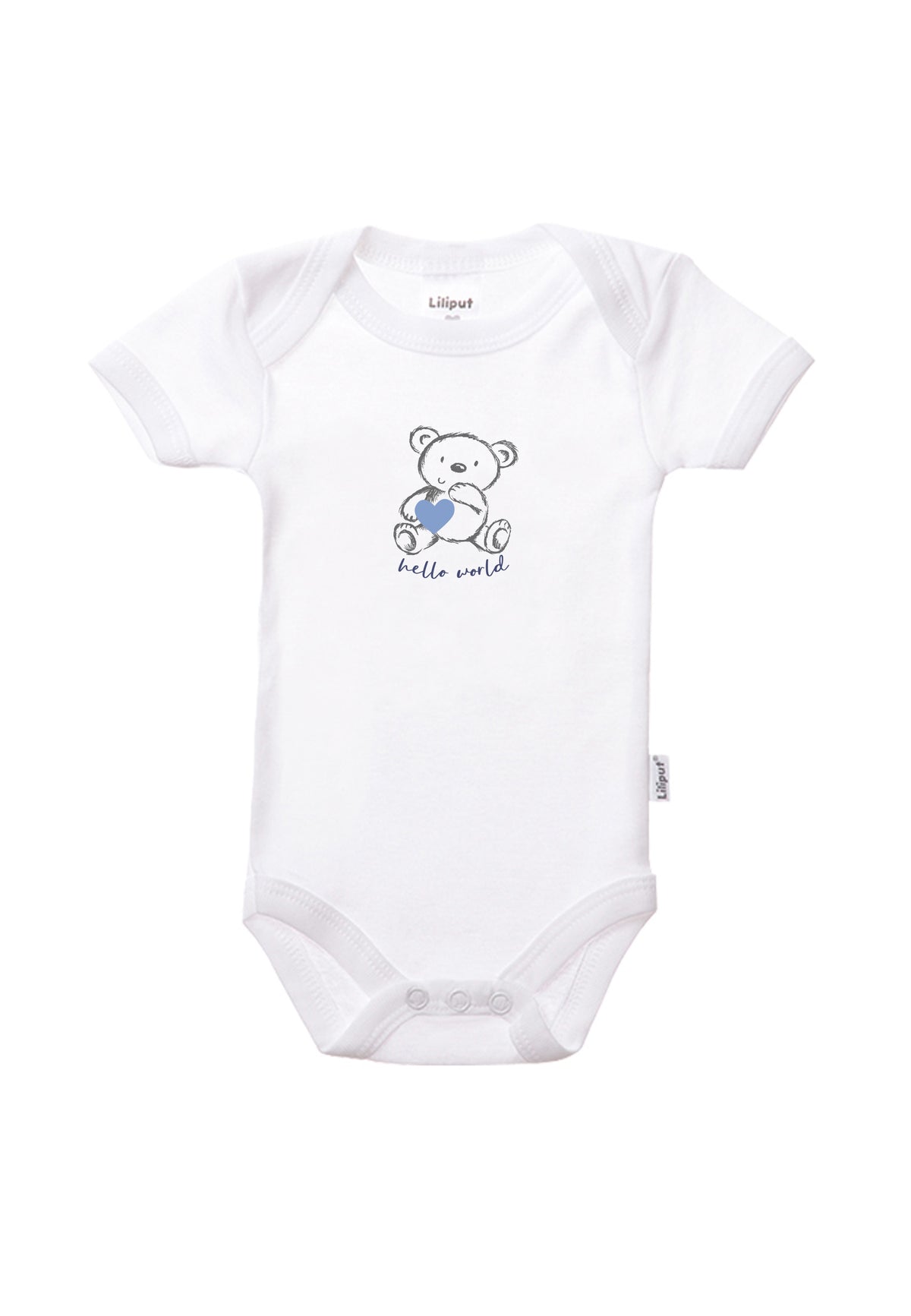 Kurzarmbody in weiß mit Teddy Print und Wording "hello world."