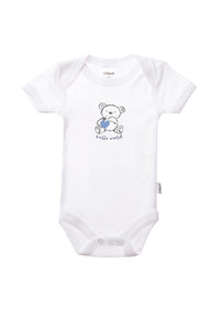 Kurzarmbody in weiß mit Teddy Print und Wording "hello world."