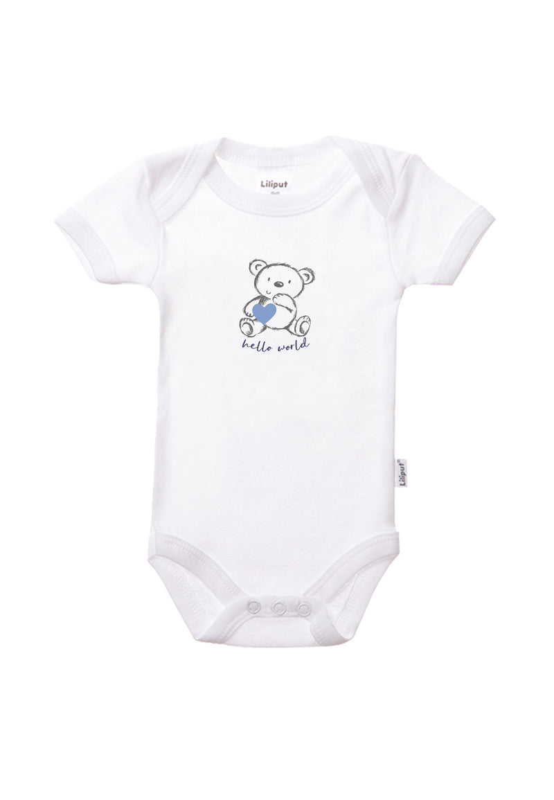 Kurzarmbody in weiß mit Teddy Print und Wording "hello world."