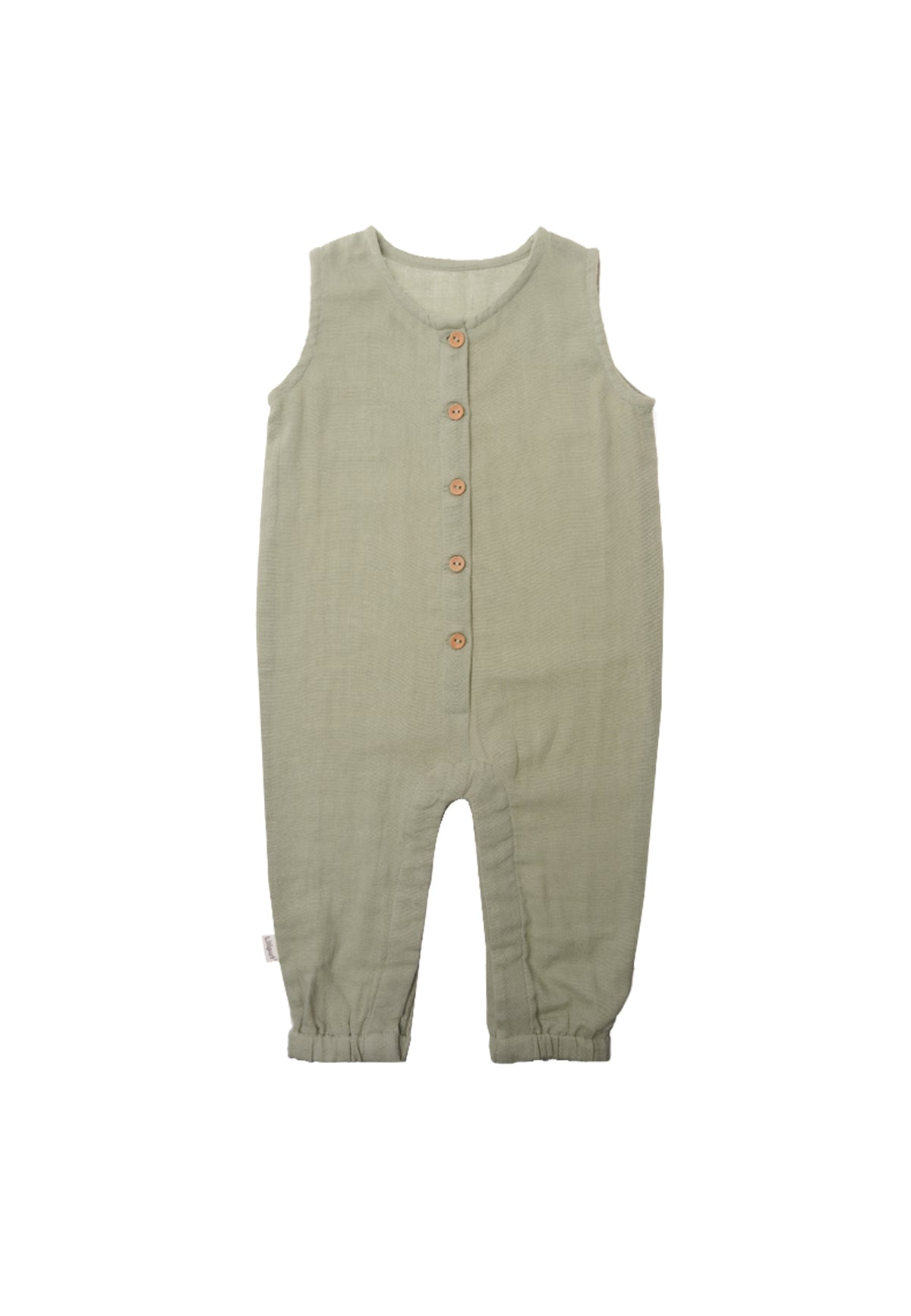 Jumpsuit ohne Arm mit Knopfleiste und versteckter Druckknopfleiste im Schritt in der Farbe schilf.