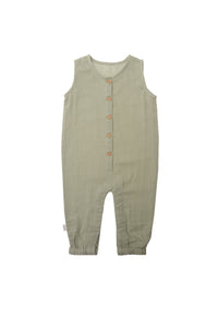 Jumpsuit ohne Arm mit Knopfleiste und versteckter Druckknopfleiste im Schritt in der Farbe schilf.
