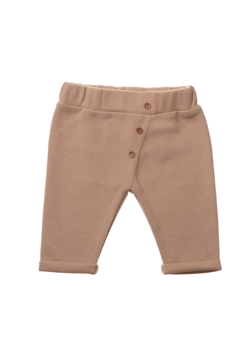Rib-Strick-Hose in beige mit Knöpfen in Holzoptik