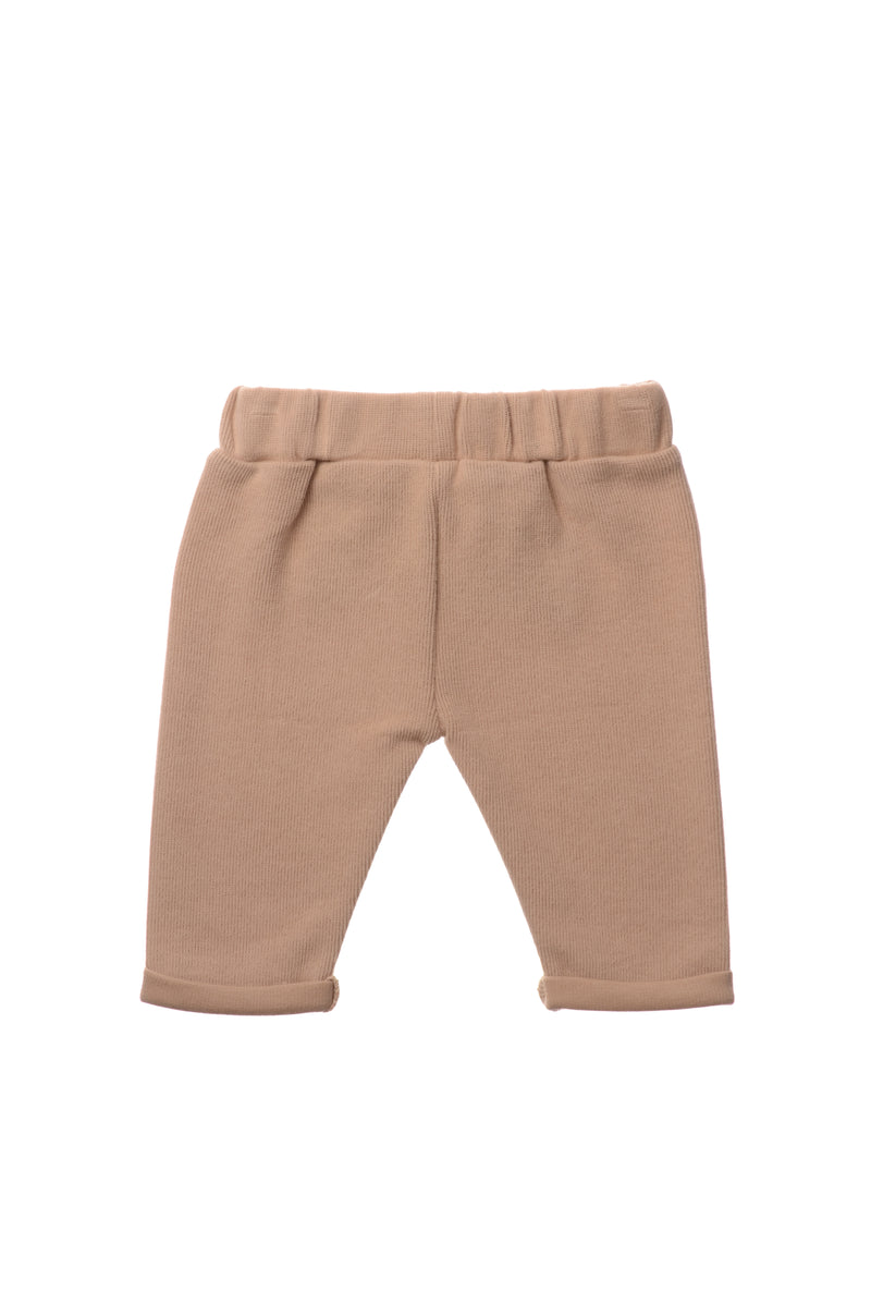 Rib-Strick-Hose in beige mit Knöpfen in Holzoptik