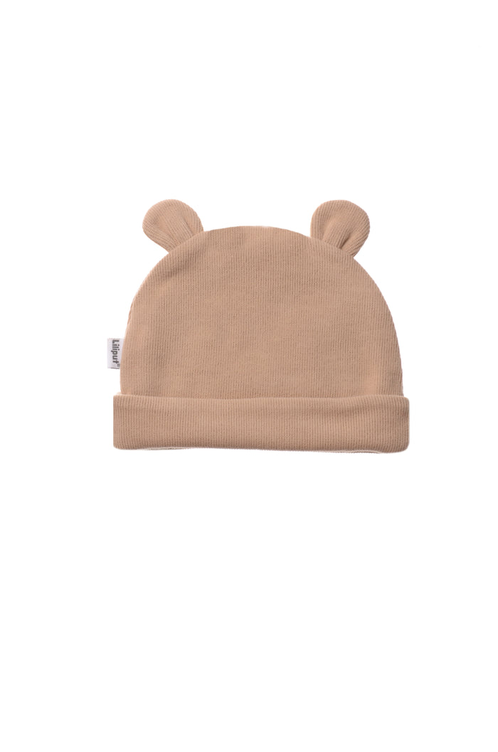Rib-Strick-Mütze in beige mit Öhrchen
