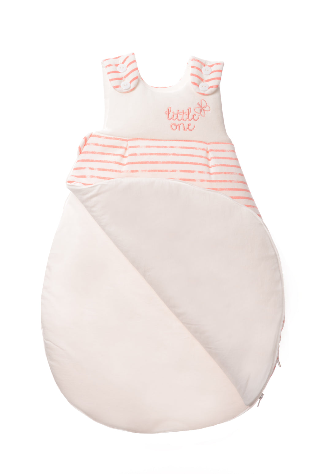 Schlafsack für Babys in unterschiedlichen Längen mit Knöpfen und Reißverschluss an der Seite. Design:  Streifen in koralle mit Stickerei little one.