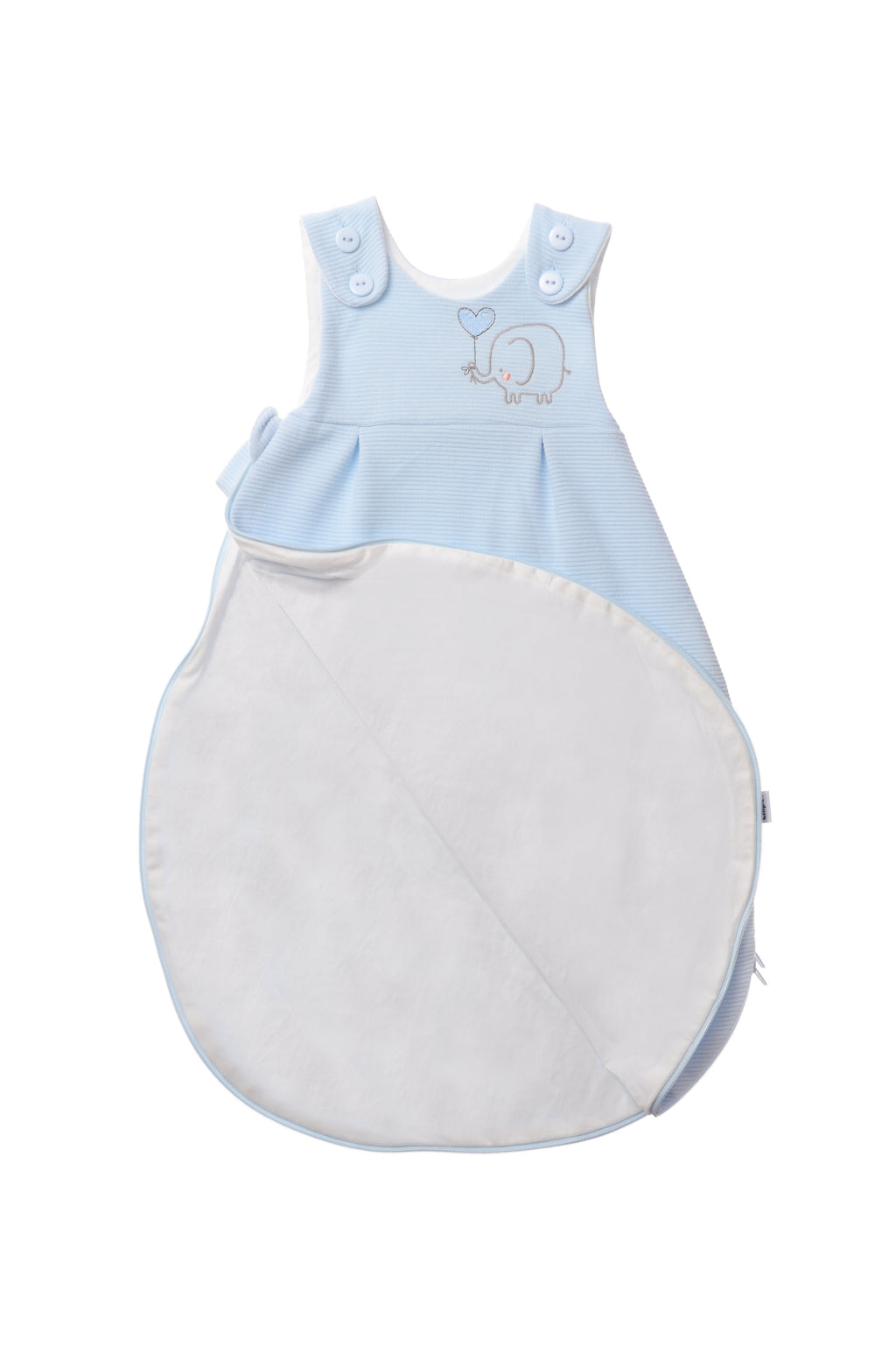 Schlafsack für Babys in unterschiedlichen Längen mit Knöpfen und Reißverschluss an der Seite. Design:  hellblau mit Elefanten Stickerei.