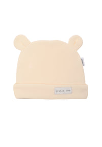 Ribstrick Mütze in ecru mit Patch "little one".