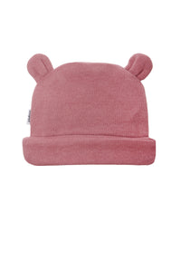 Rückseite Ribstrickmütze in rosenholz.