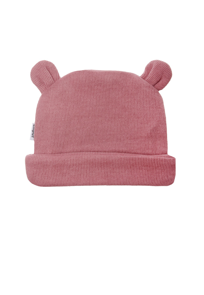 Rückseite Ribstrickmütze in rosenholz.
