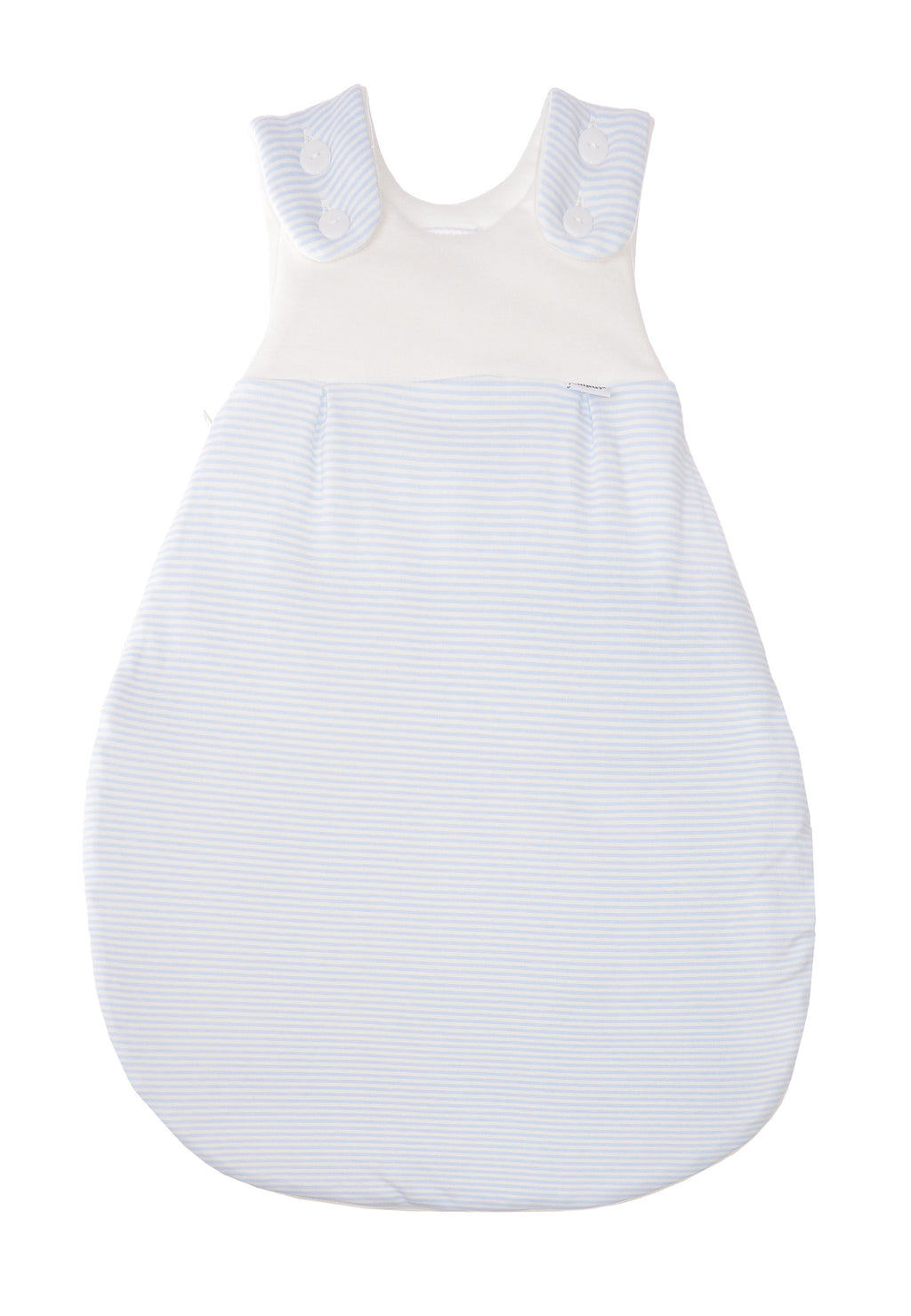 Schlafsack für Babys in unterschiedlichen Längen mit Knöpfen und Reißverschluss an der Seite. Design:  hellblaue Streifen