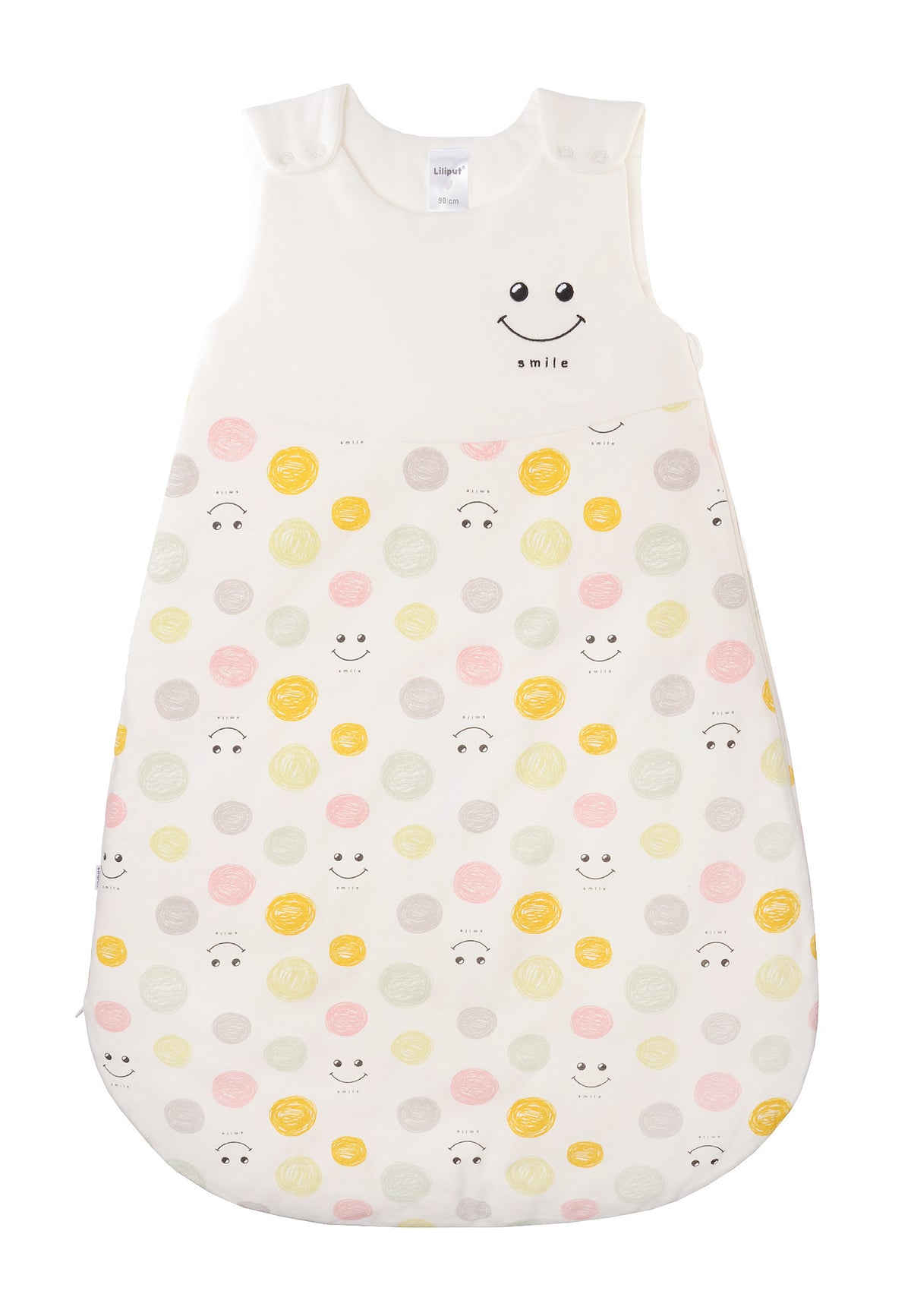 Schlafsack für Babys in unterschiedlichen Längen mit Knöpfen und Reißverschluss an der Seite. Design:  Smileys und Smile Stickerei