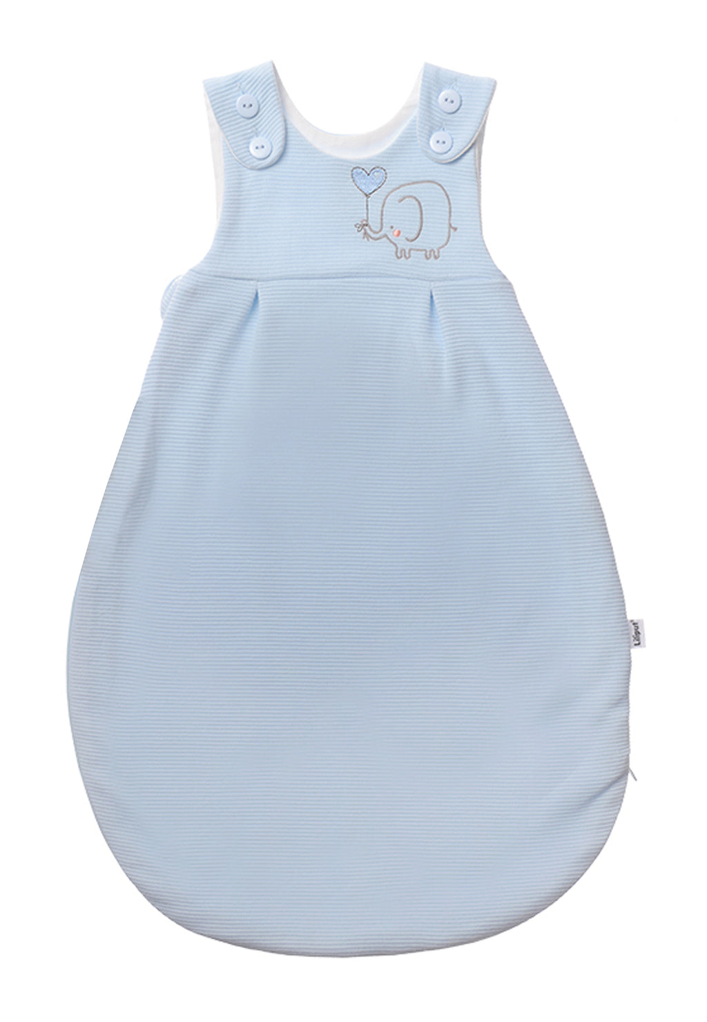 Schlafsack für Babys in unterschiedlichen Längen mit Knöpfen und Reißverschluss an der Seite. Design:  hellblau mit Elefanten Stickerei.
