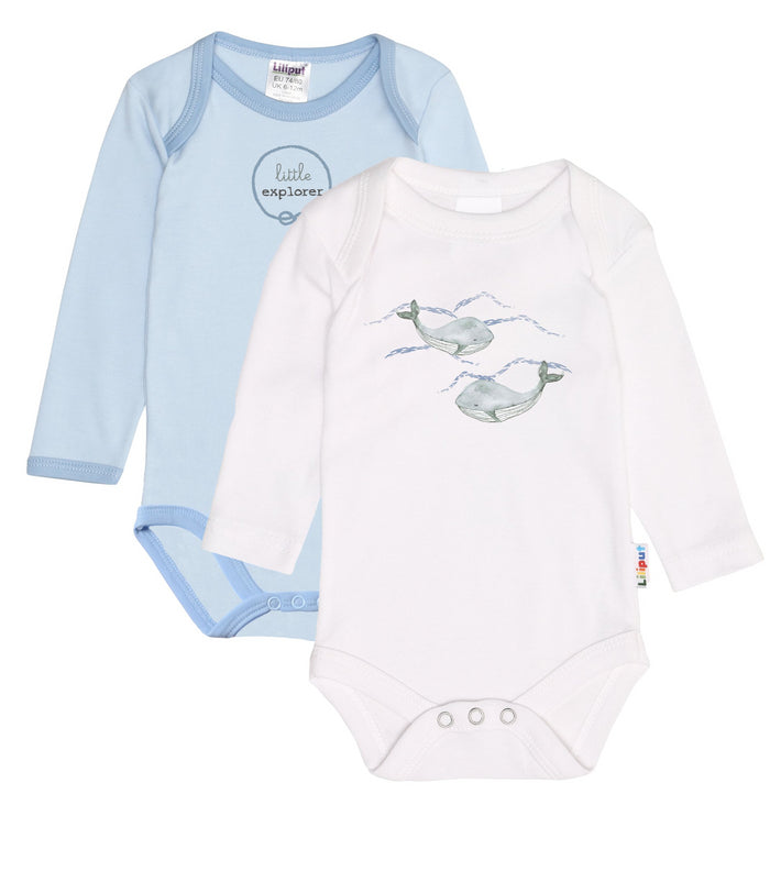 Set Doppelpack Langarmbody in weiß und blau mti Aufdruck Wal und Little Explorer